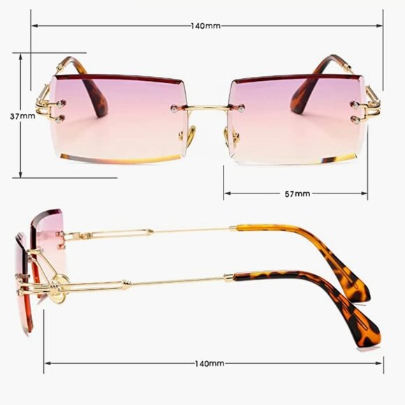 Retro Pink Clear Ombre Rimless Rectangle Square Sunglasses Vintage Shades - Picture 5 of 7
